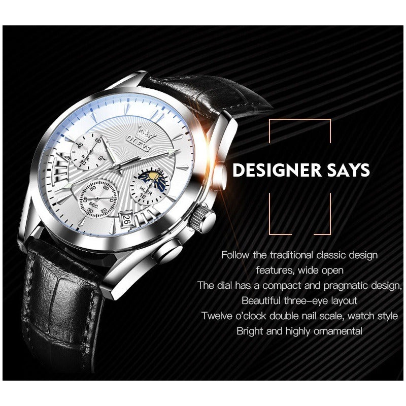 Reloj De Lujo Hombre Olevs Cuarzo Correa Cuero Mod. Reflex