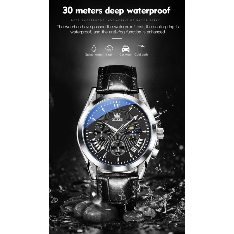 Reloj De Lujo Hombre Olevs Cuarzo Correa Cuero Mod. Reflex