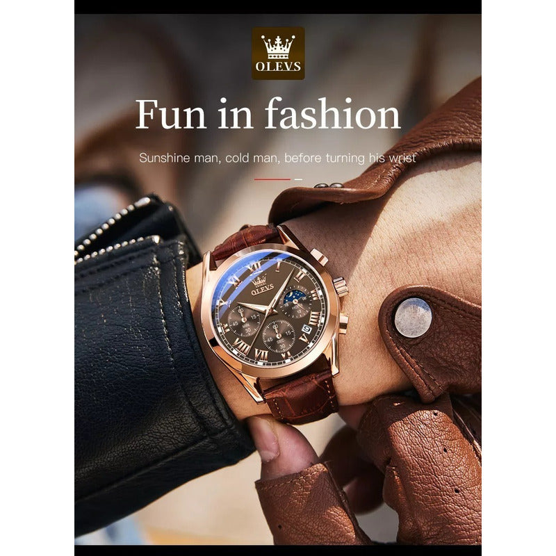 Reloj Hombre Olevs Analógico Cuarzo Correa Cuero Mod. Lux