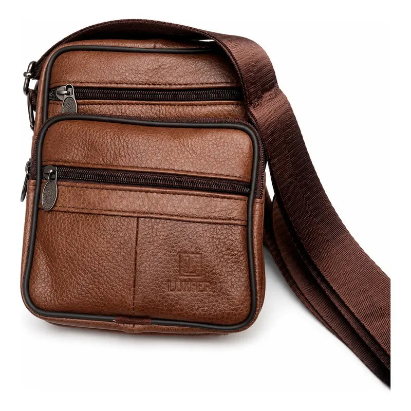 Bolso Bandolera Cuero Genuino Premium Luxher Modelo Vector Marrón Lisa