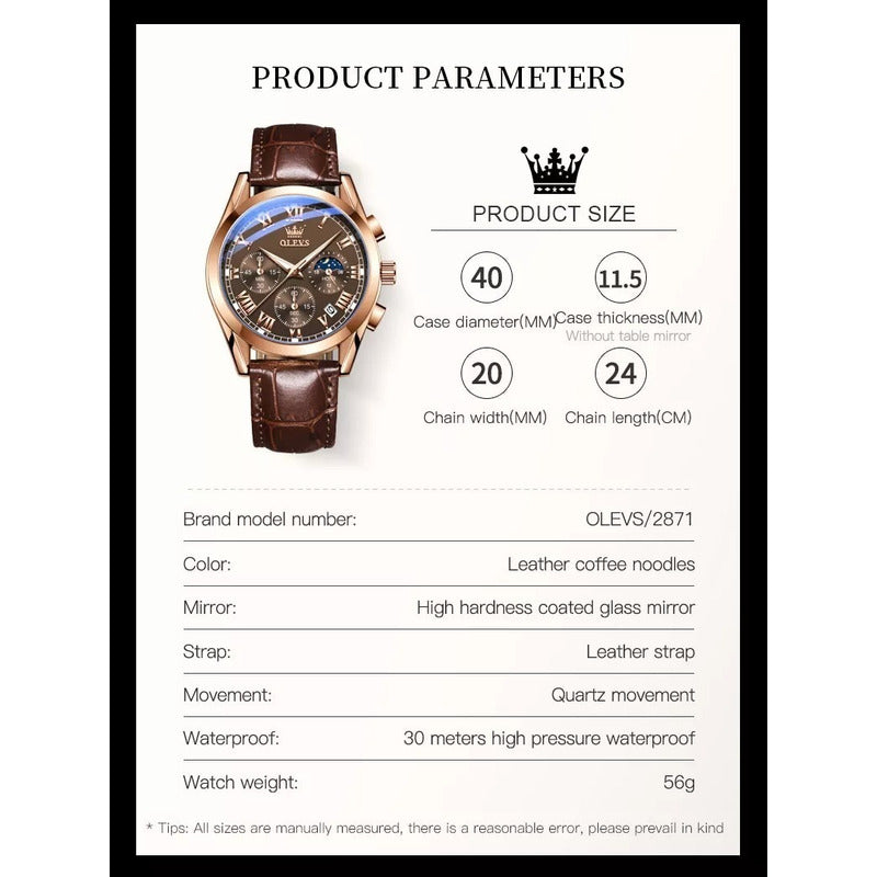 Reloj Hombre Olevs Analógico Cuarzo Correa Cuero Mod. Lux