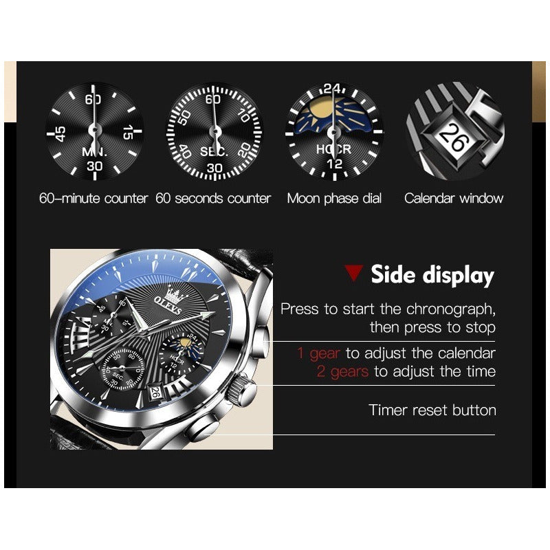Reloj De Lujo Hombre Olevs Cuarzo Correa Cuero Mod. Reflex