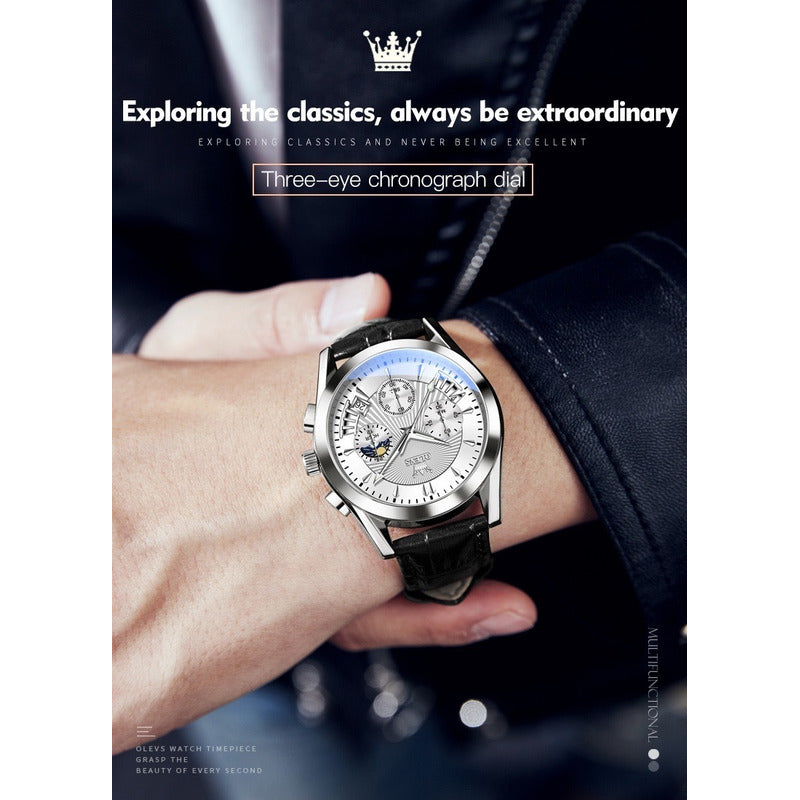 Reloj De Lujo Hombre Olevs Cuarzo Correa Cuero Mod. Reflex