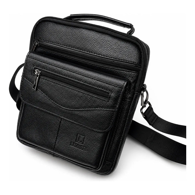 Bolso Bandolera Luxher Hombre Cuero Genuino Lujo Mod. Orión Negro Lisa