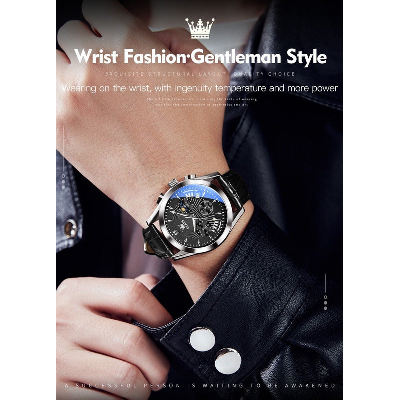 Reloj De Lujo Hombre Olevs Cuarzo Correa Cuero Mod. Reflex
