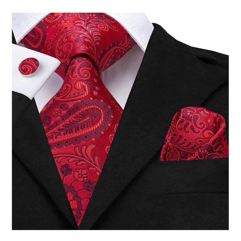 Set Corbata, Pañuelo Y Colleras Seda Lujo Hi-tie Mod. Flores