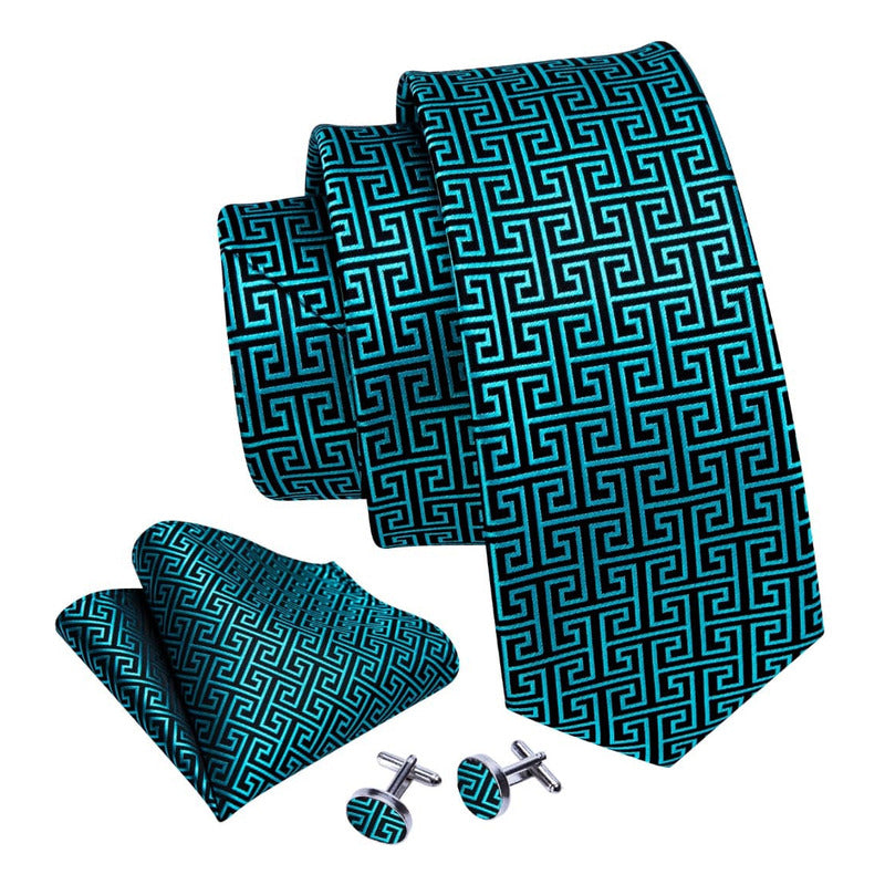 Set Corbata, Pañuelo Y Colleras Seda Lujo Hi-tie Mod Cubico