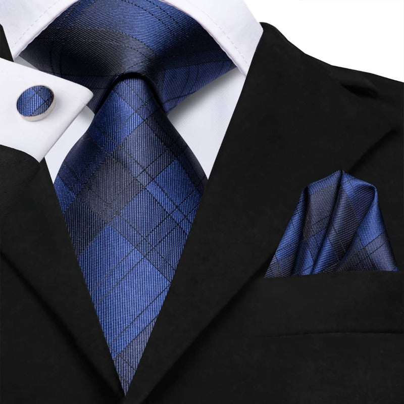 Set Corbata, Pañuelo Y Colleras Seda Lujo Hi-tie Mod Cuadros