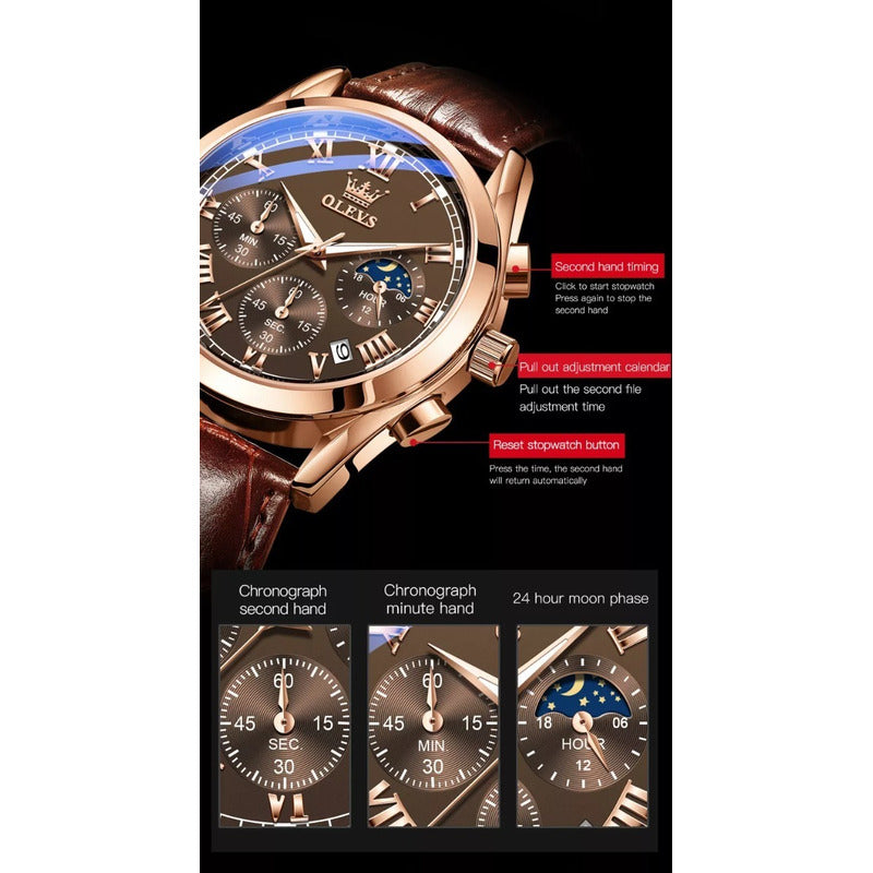 Reloj Hombre Olevs Analógico Cuarzo Correa Cuero Mod. Lux