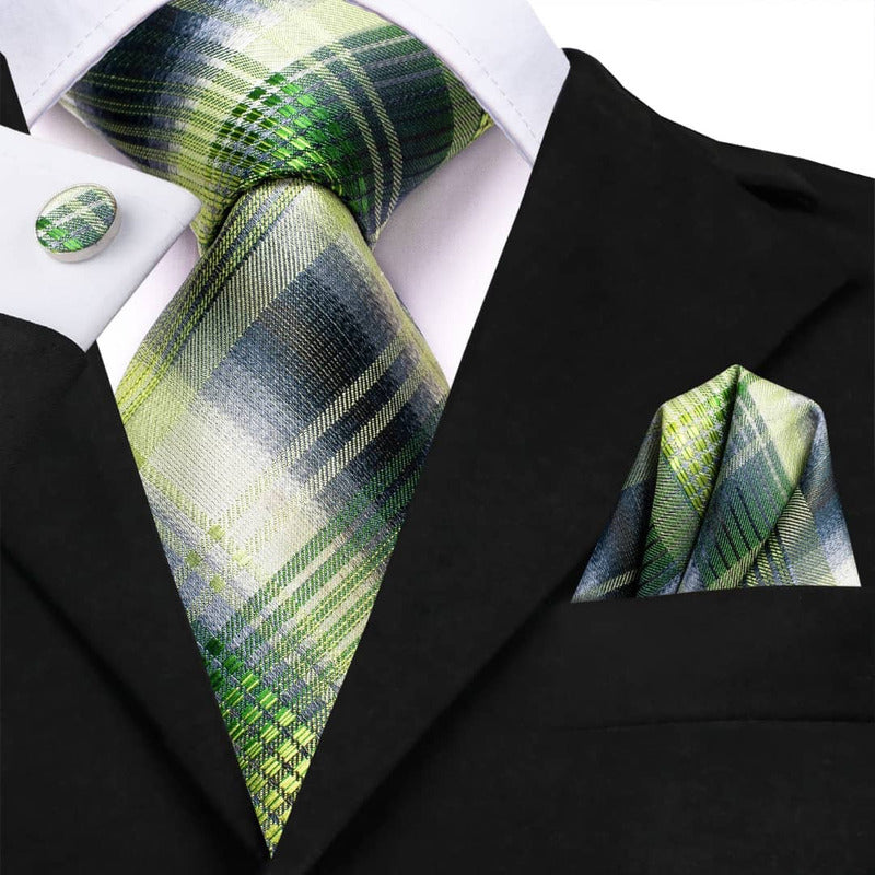 Set Corbata, Pañuelo Y Colleras Seda Lujo Hi-tie Mod Cuadros
