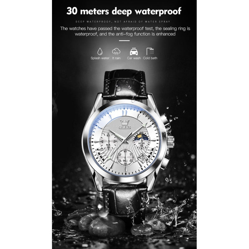 Reloj De Lujo Hombre Olevs Cuarzo Correa Cuero Mod. Reflex