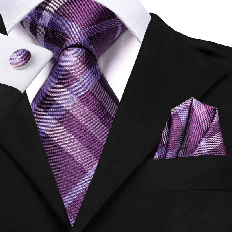 Set Corbata, Pañuelo Y Colleras Seda Lujo Hi-tie Mod Cuadros