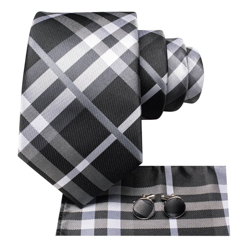 Set Corbata, Pañuelo Y Colleras Seda Lujo Hi-tie Mod Cuadros