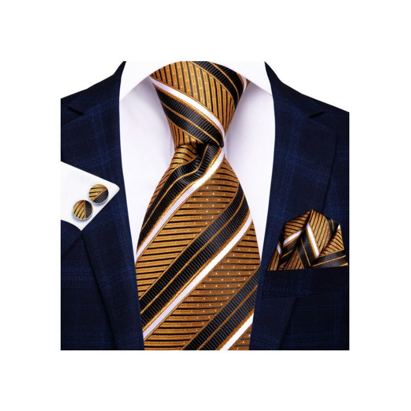 Set Corbata, Pañuelo Y Colleras Seda Lujo Hi-tie Mod. Líneas