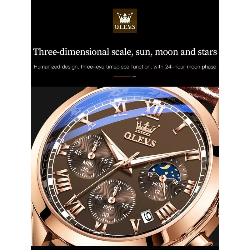 Reloj Hombre Olevs Analógico Cuarzo Correa Cuero Mod. Lux