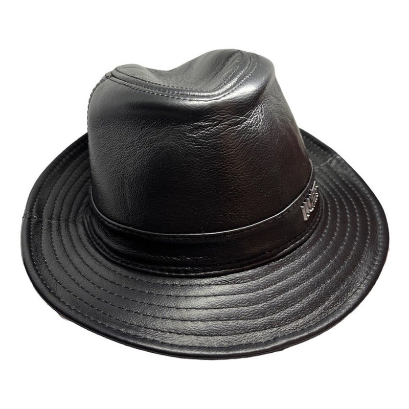 Sombrero De Cuero Genuino Gorro Lujo Luxher Mod. Ámsterdam Color Negro Talla 57-58 Cm (xxl)