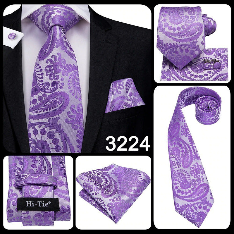Set Corbata, Pañuelo Y Colleras Seda Lujo Hi-tie Mod. Flores