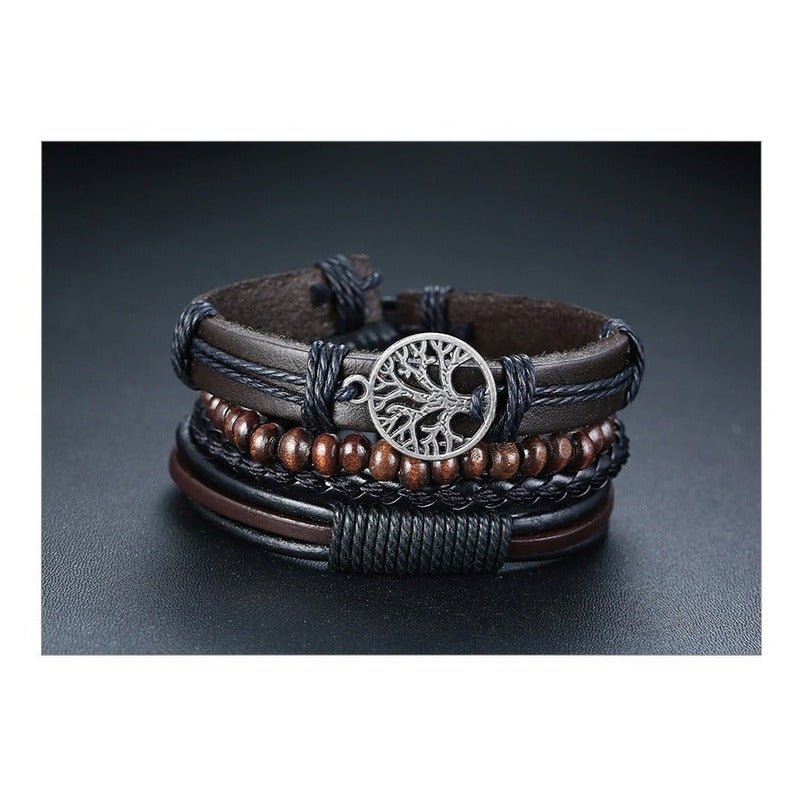 Pulsera De Cuero Ajustable Unisex Arbol De La Vida