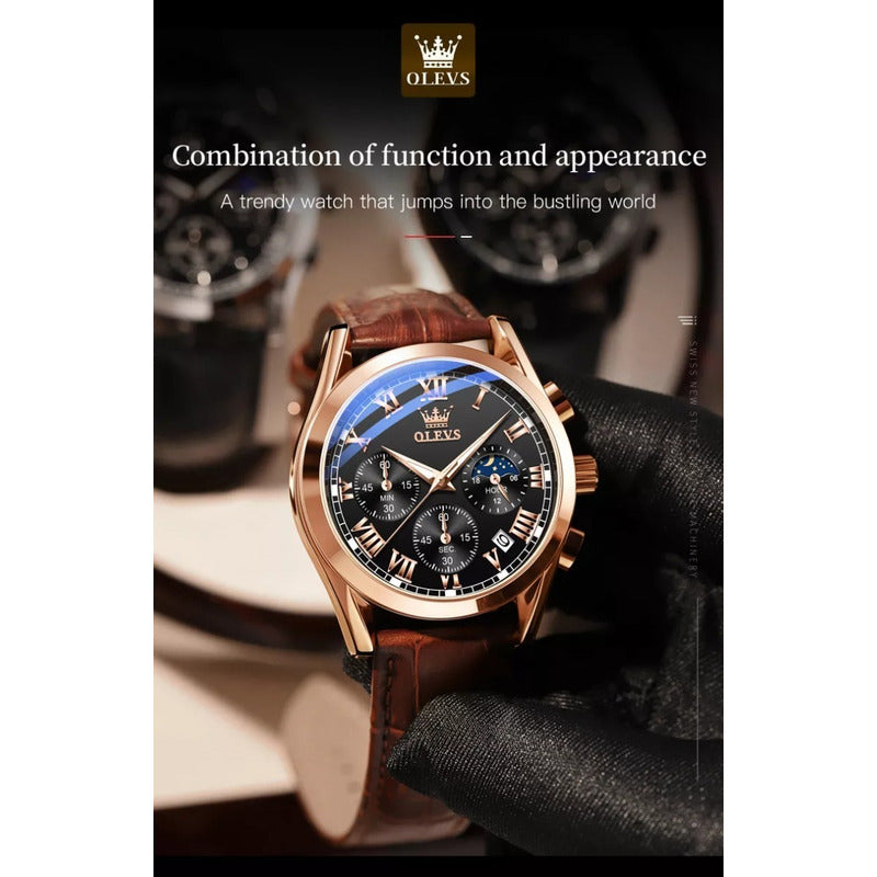 Reloj Hombre Olevs Analógico Cuarzo Correa Cuero Mod. Lux