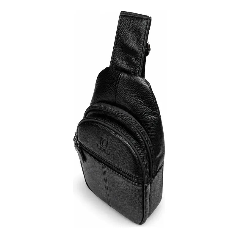 Bolso Bandolera Elegante Cuero Genuino Luxher Modelo Cenit Negro Lisa