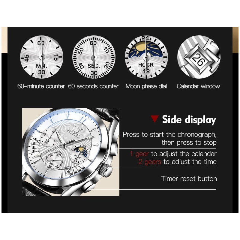 Reloj De Lujo Hombre Olevs Cuarzo Correa Cuero Mod. Reflex