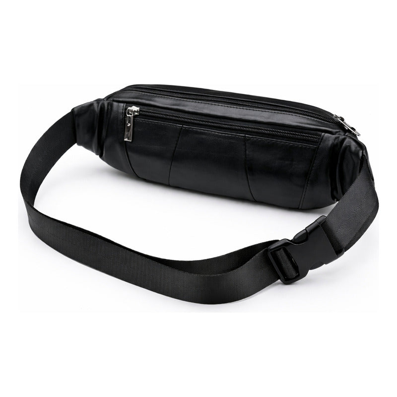 Banano Riñonera Cuero Genuino Premium Luxher Unisex Mod Olmo Color Negro Diseño De La Tela Liso