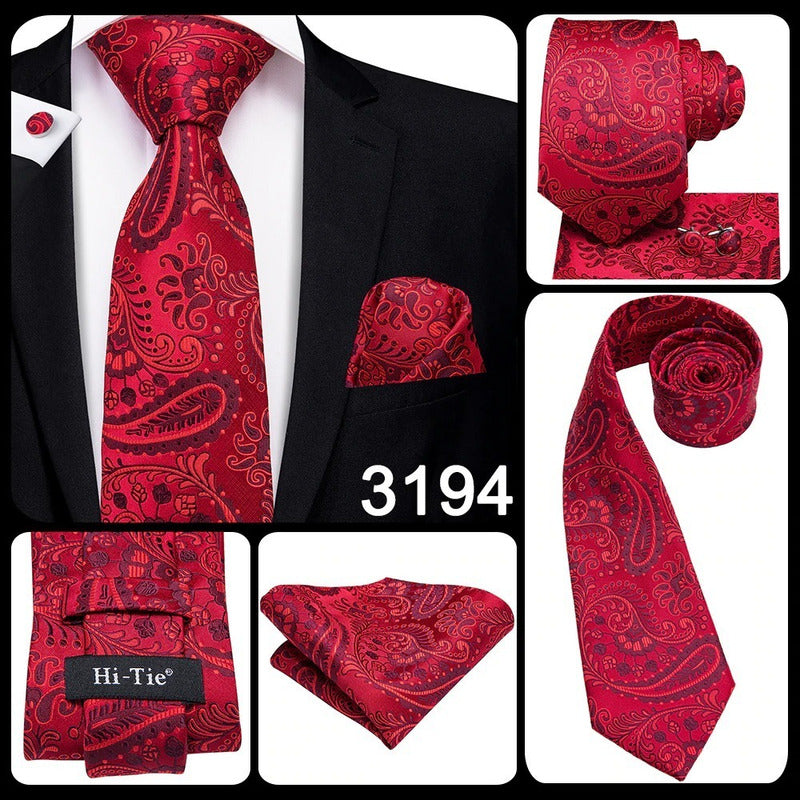 Set Corbata, Pañuelo Y Colleras Seda Lujo Hi-tie Mod. Flores