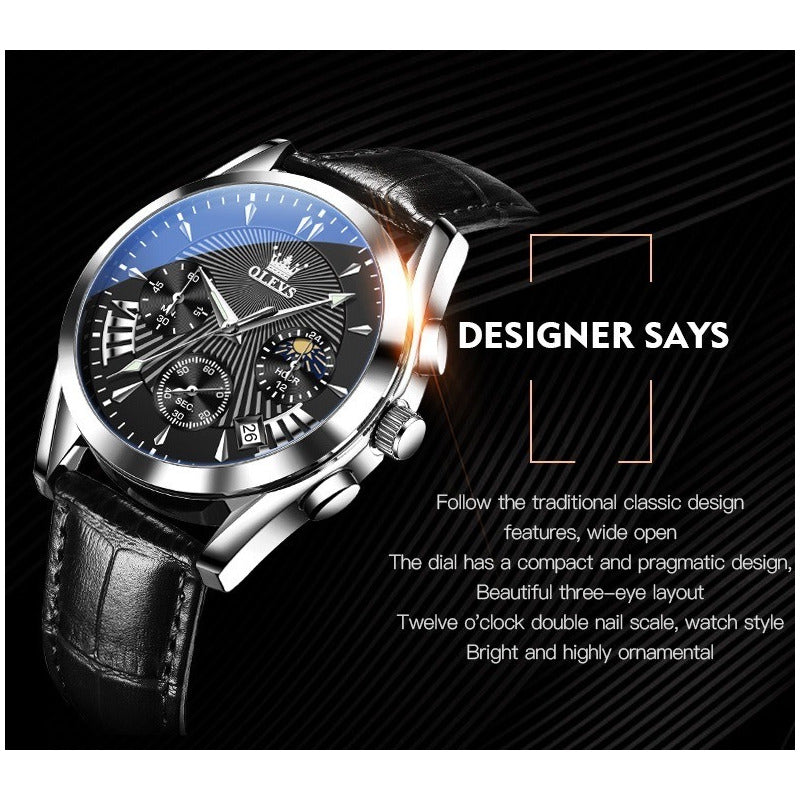 Reloj De Lujo Hombre Olevs Cuarzo Correa Cuero Mod. Reflex