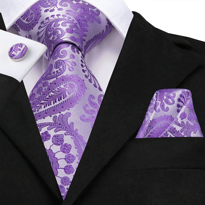 Set Corbata, Pañuelo Y Colleras Seda Lujo Hi-tie Mod. Flores