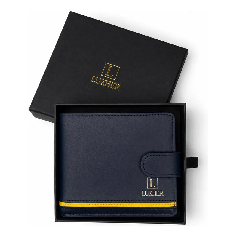 Billetera Hombre Cuero Genuino Protección Rfid Luxher Aureo Azul Liso