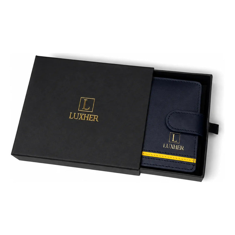 Billetera Hombre Cuero Genuino Protección Rfid Luxher Aureo Azul Liso
