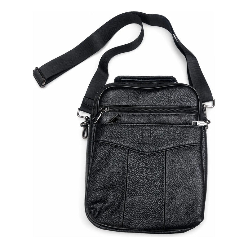 Bolso Bandolera Cuero Genuino Premium Luxher Modelo Atlas Negro Lisa