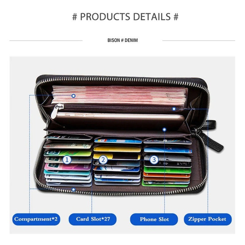 Chequera Gruesa Cuero Genuino Lujo Bison Denim Mod. Acordeon
