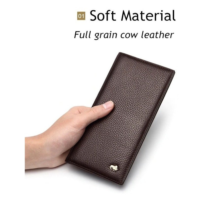 Chequera De Cuero Genuino Delgada Lujo Bison Denim