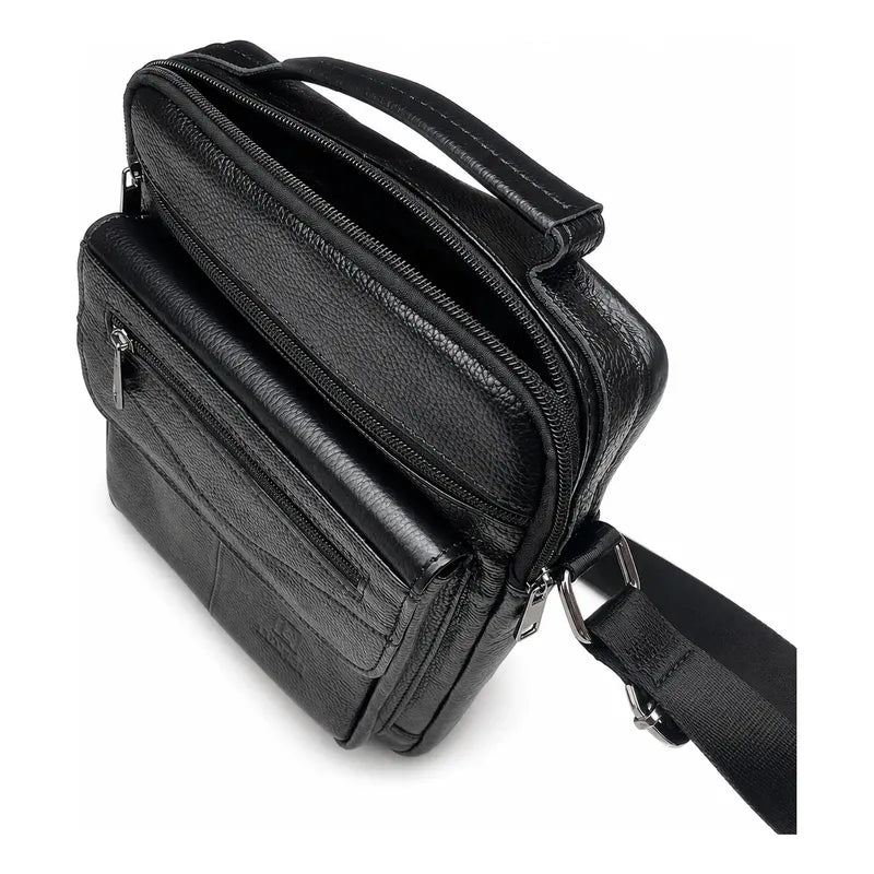 Bolso Bandolera Luxher Hombre Cuero Genuino Lujo Mod. Orión Negro Lisa