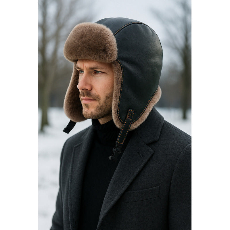 Gorro Ruso Luxher Invierno Eco Cuero Unisex Mod. Boreal Color Negro