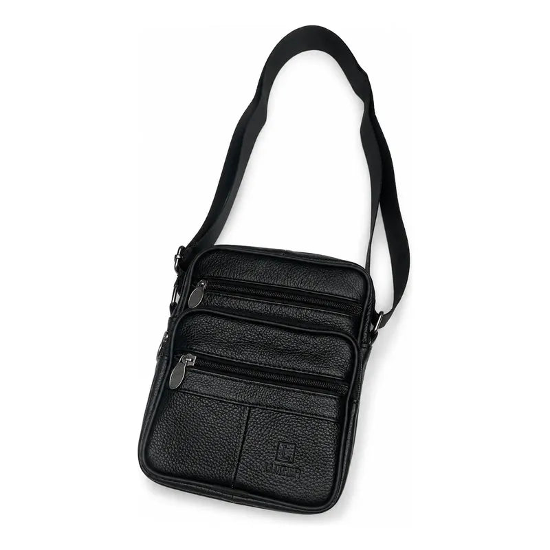 Bolso Bandolera Cuero Genuino Premium Luxher Modelo Vector Negro Lisa