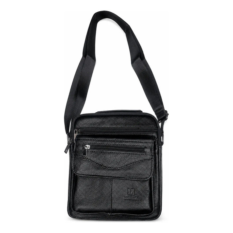 Bolso Bandolera Luxher Hombre Cuero Genuino Lujo Mod. Orión Negro Lisa