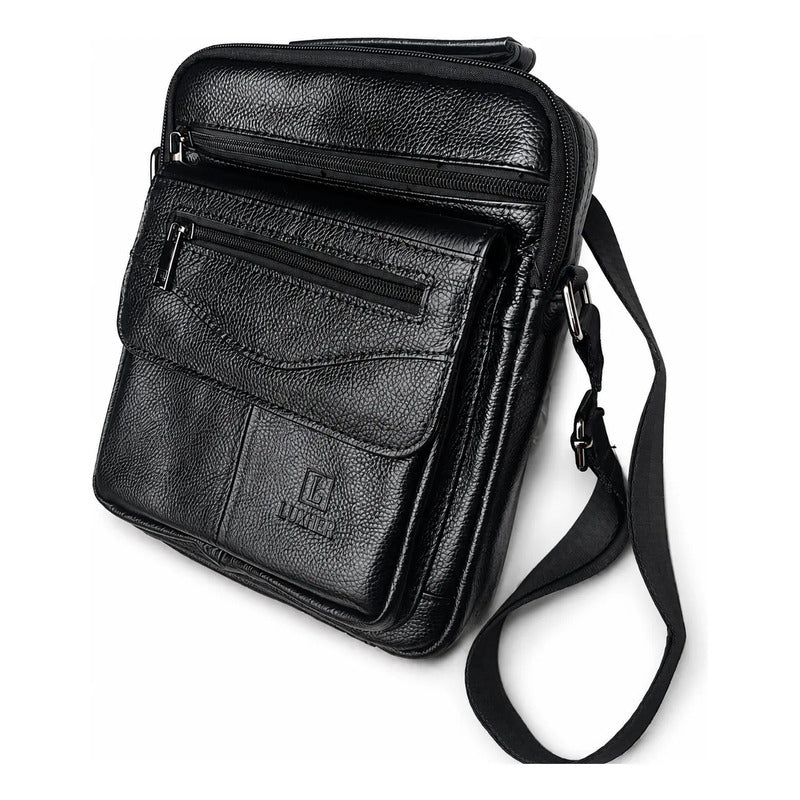 Bolso Bandolera Luxher Hombre Cuero Genuino Lujo Mod. Orión Negro Lisa