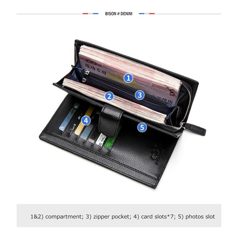 Chequera Gruesa De Cuero Genuino Lujo Bison Denim Mod. Gross