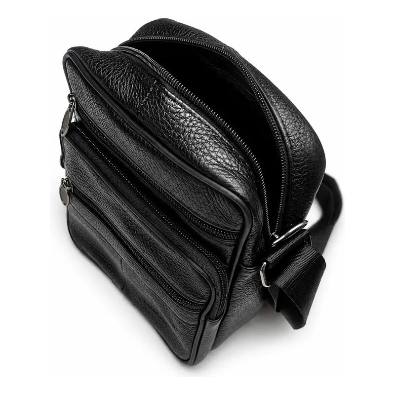 Bolso Bandolera Cuero Genuino Premium Luxher Modelo Vector Negro Lisa