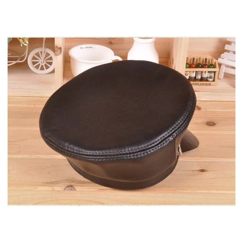 Gorra Mujer Jockey Cuero Genuino Piel De Oveja Mod. String Color Negro Talla 57-58 Cm (ajustable)