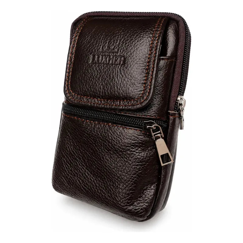 Bolso Riñonera Luxher Hombre Cuero Genuino Premium Mod Sirio Marrón Oscuro Lisa