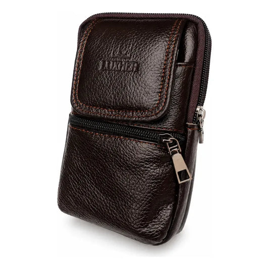 Bolso Riñonera Luxher Hombre Cuero Genuino Premium Mod Sirio Marrón Oscuro Lisa