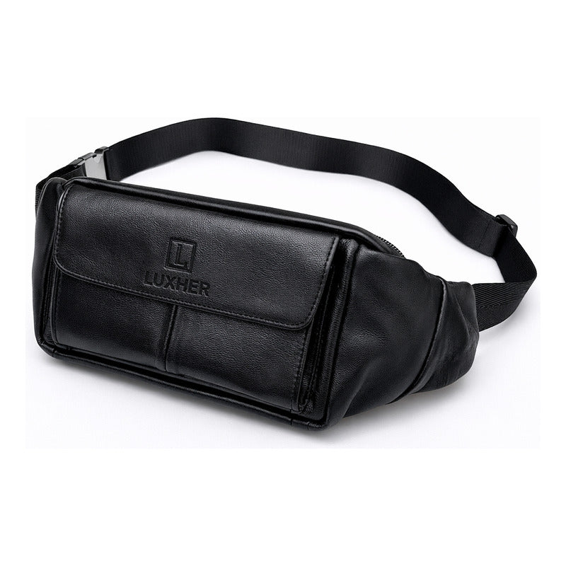 Banano Riñonera Cuero Genuino Premium Luxher Unisex Mod Olmo Color Negro Diseño De La Tela Liso