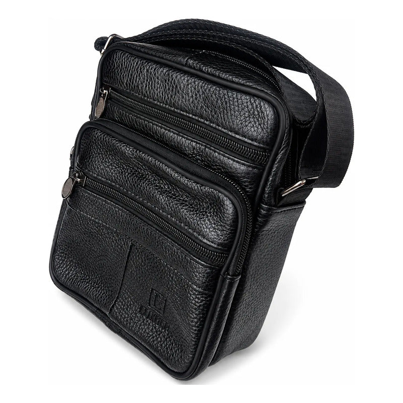 Bolso Bandolera Cuero Genuino Premium Luxher Modelo Vector Negro Lisa