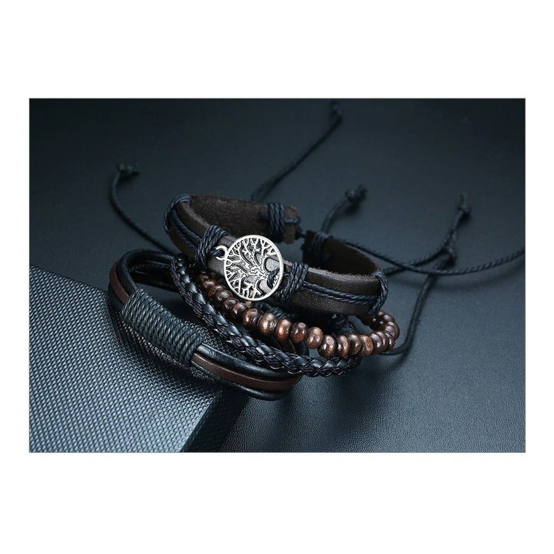 Pulsera De Cuero Ajustable Unisex Arbol De La Vida