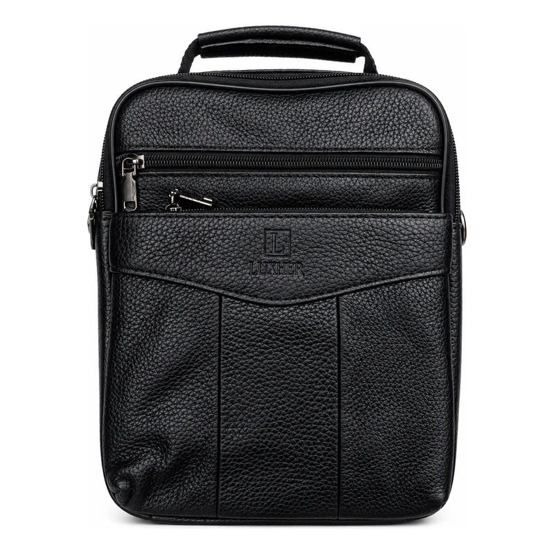 Bolso Bandolera Cuero Genuino Premium Luxher Modelo Atlas Negro Lisa