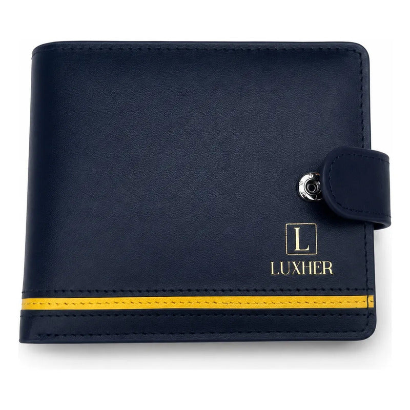 Billetera Hombre Cuero Genuino Protección Rfid Luxher Aureo Azul Liso