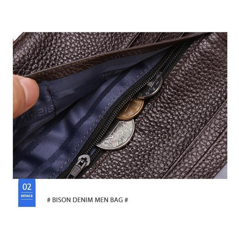 Chequera De Cuero Genuino Delgada Lujo Bison Denim